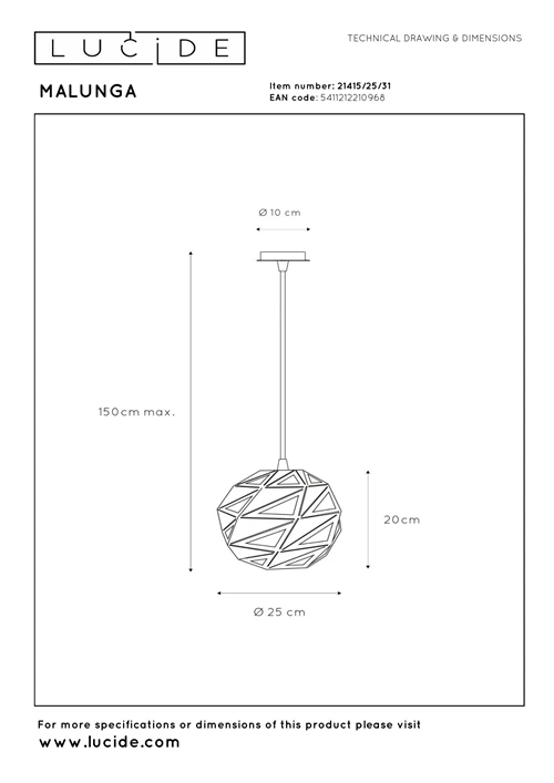 Lucide MALUNGA - Pendant light - Ø 25 cm - 1xE27 - White - technical